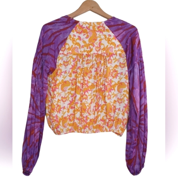 Free People Cruisin Together Printed Boho Gypsy Puff Sleeve Blouse - Picture 3 of 14